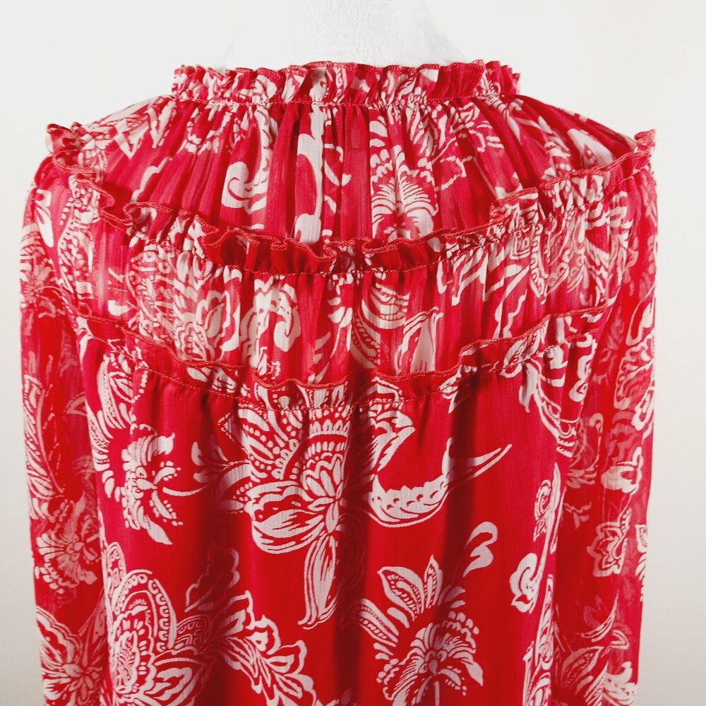 Evereve, M Red and White Print Blouse, Long Sleeve, Tie V Neck Small Ruffle Trim - Picture 9 of 16